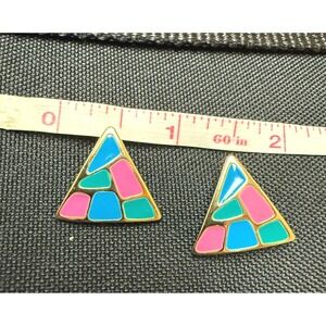 Vintage Retro 80s Geometric Triangle Enamel Mosaic Stud Earrings Gold Tone